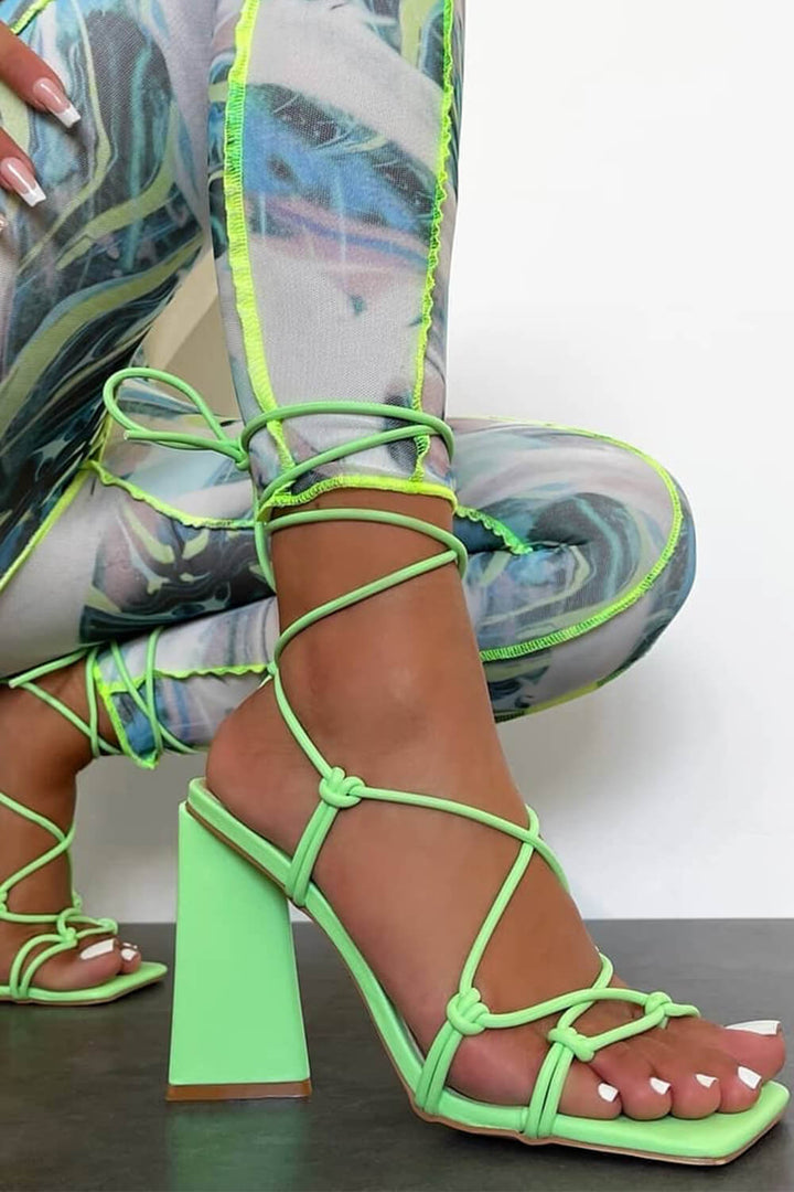 Lime Green Lace Up Sculptured Block Heels - MomyMall