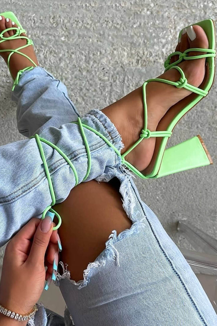 Lime Green Lace Up Sculptured Block Heels - MomyMall