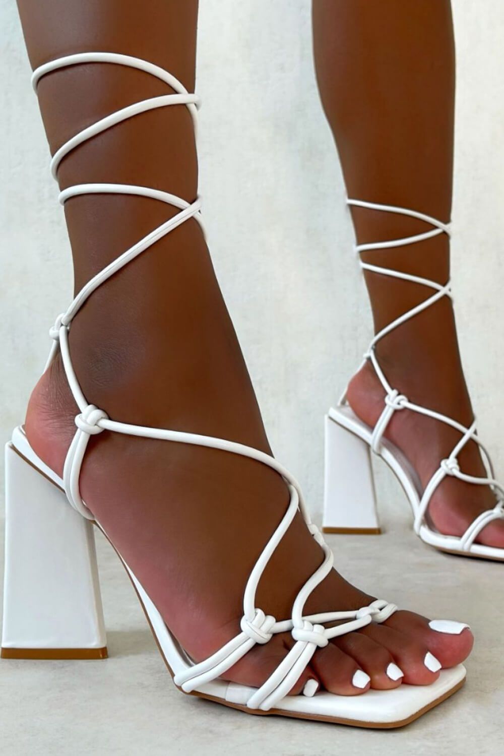 White Lace Up Sculptured Block Heels - MomyMall