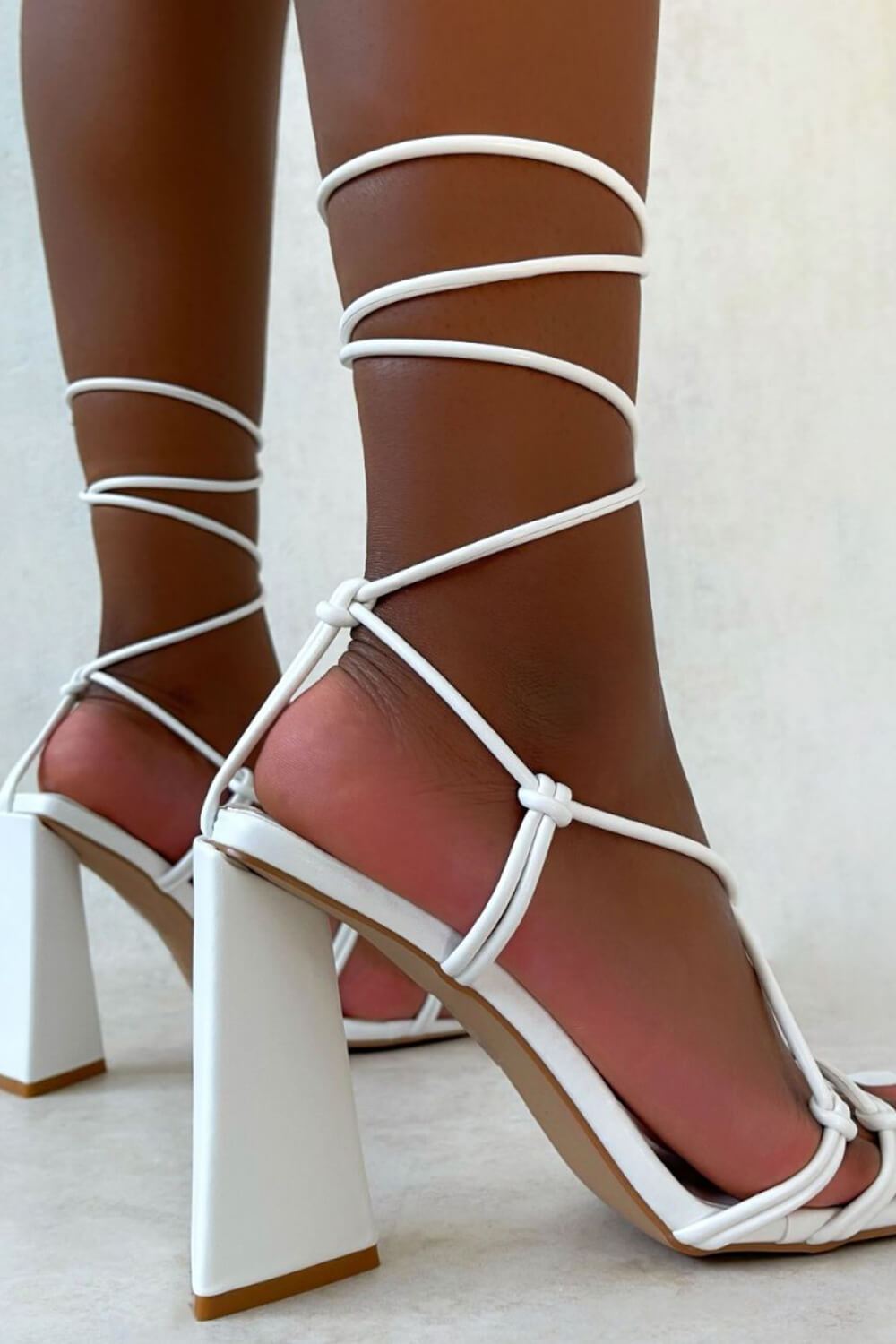 White Lace Up Sculptured Block Heels - MomyMall