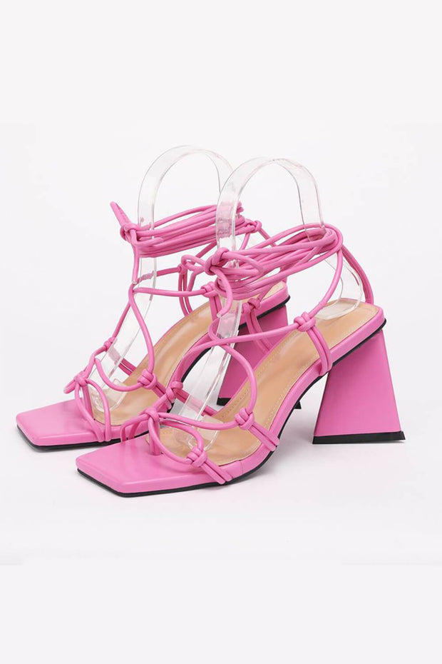 Pink Lace Up Sculptured Block Heels