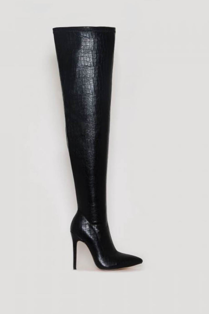 Black Croc Print Thigh High Stiletto Boots - MomyMall