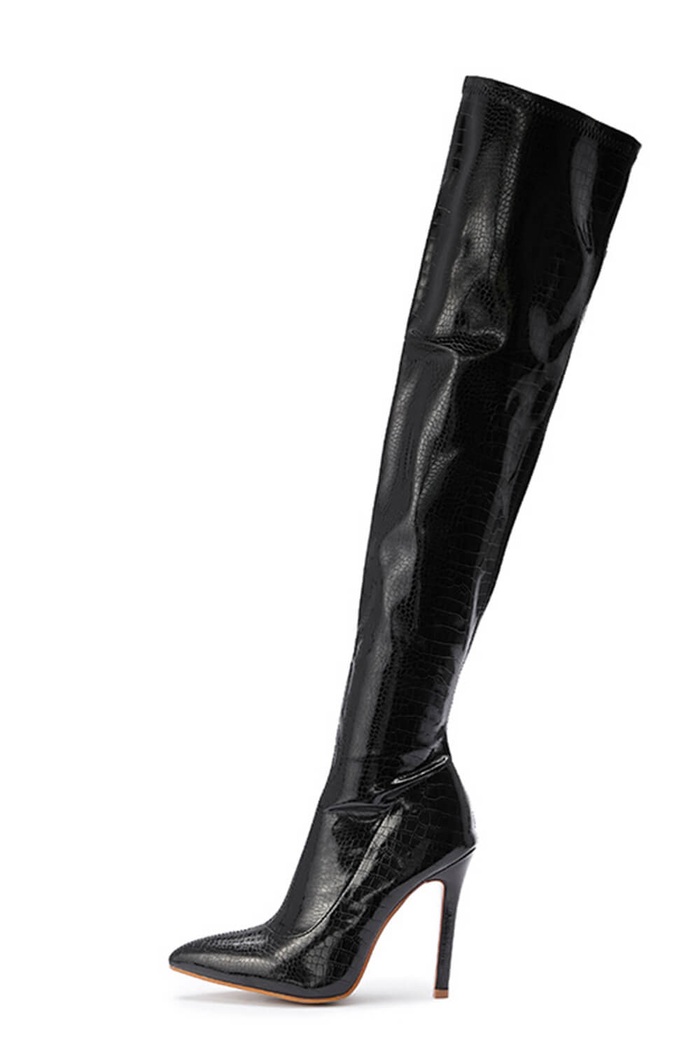 Black Croc Print Thigh High Stiletto Boots - MomyMall