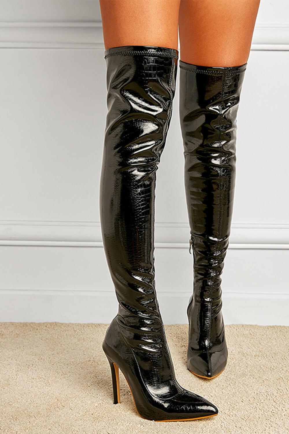 Black Croc Print Thigh High Stiletto Boots - MomyMall