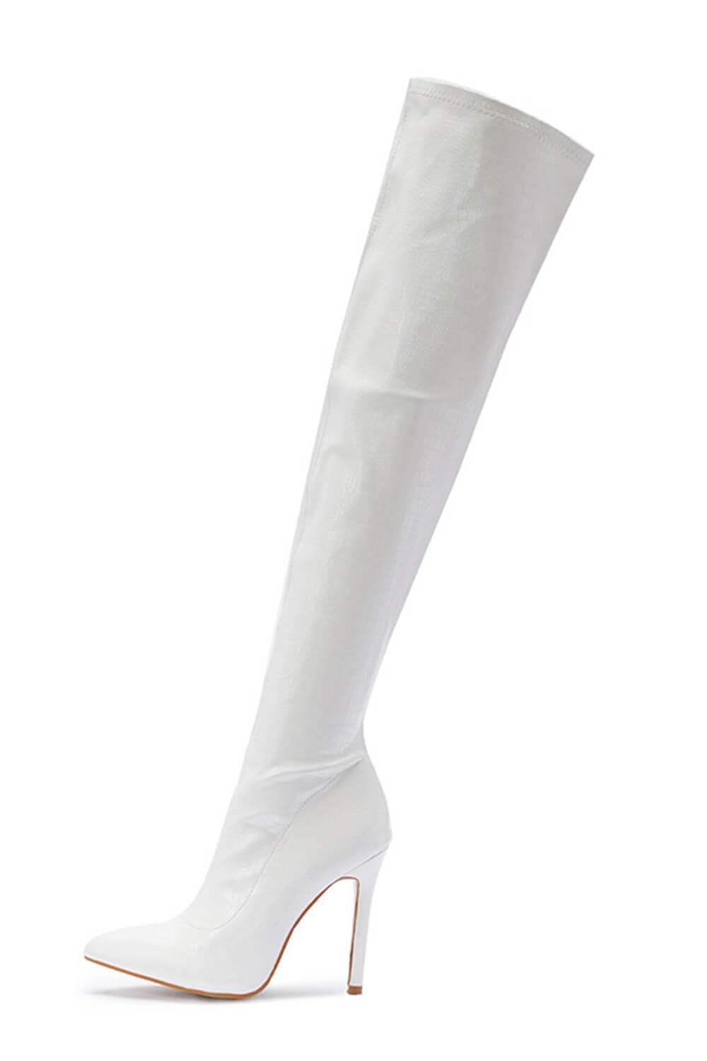 White Croc Print Thigh High Stiletto Boots - MomyMall