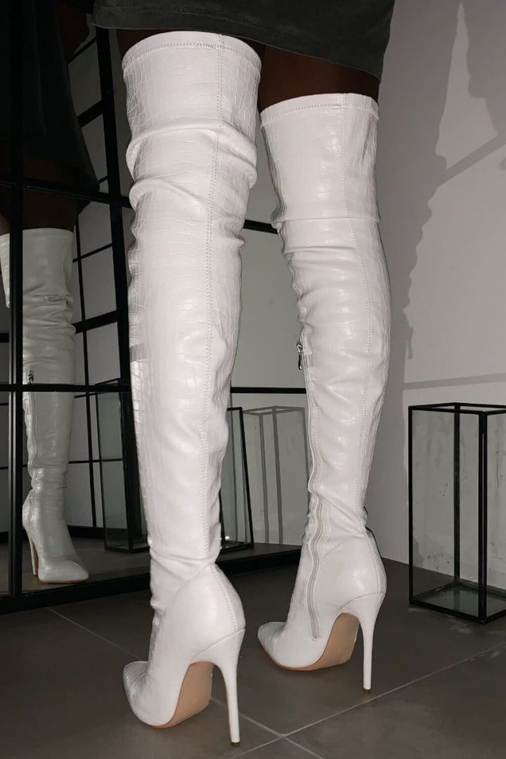 White Croc Print Thigh High Stiletto Boots - MomyMall
