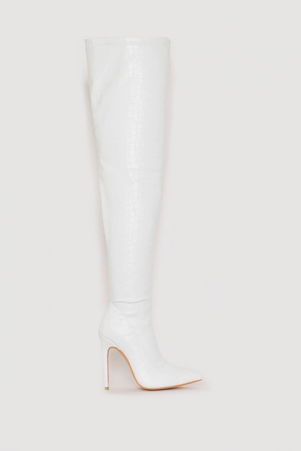 White Croc Print Thigh High Stiletto Boots - MomyMall