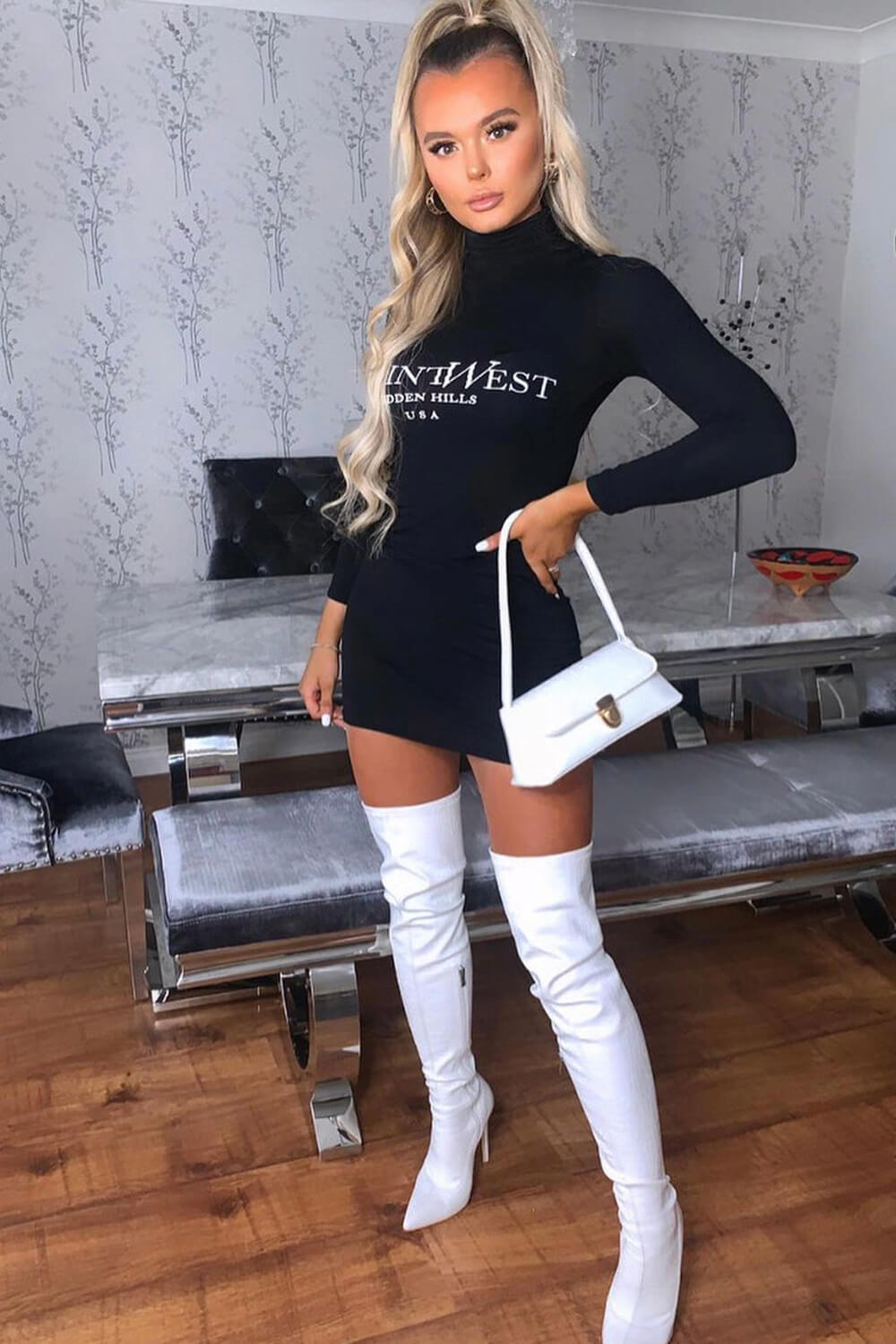 White Croc Print Thigh High Stiletto Boots - MomyMall