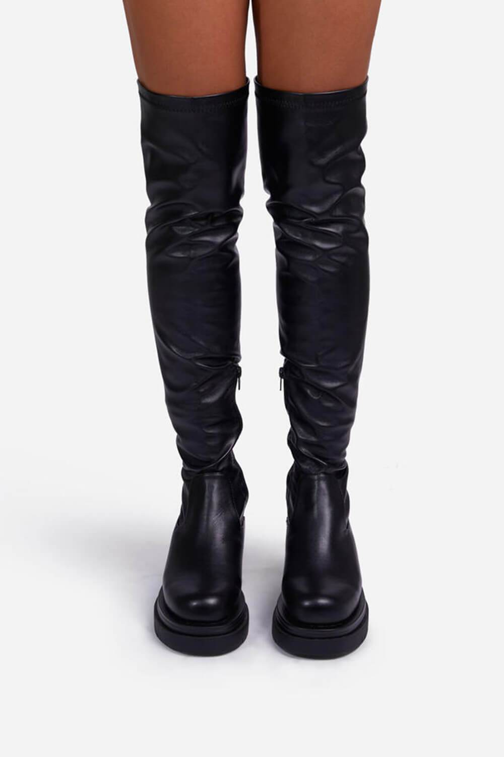 Black Faux Leather Over The Knee Thigh High Long Biker Boot - MomyMall