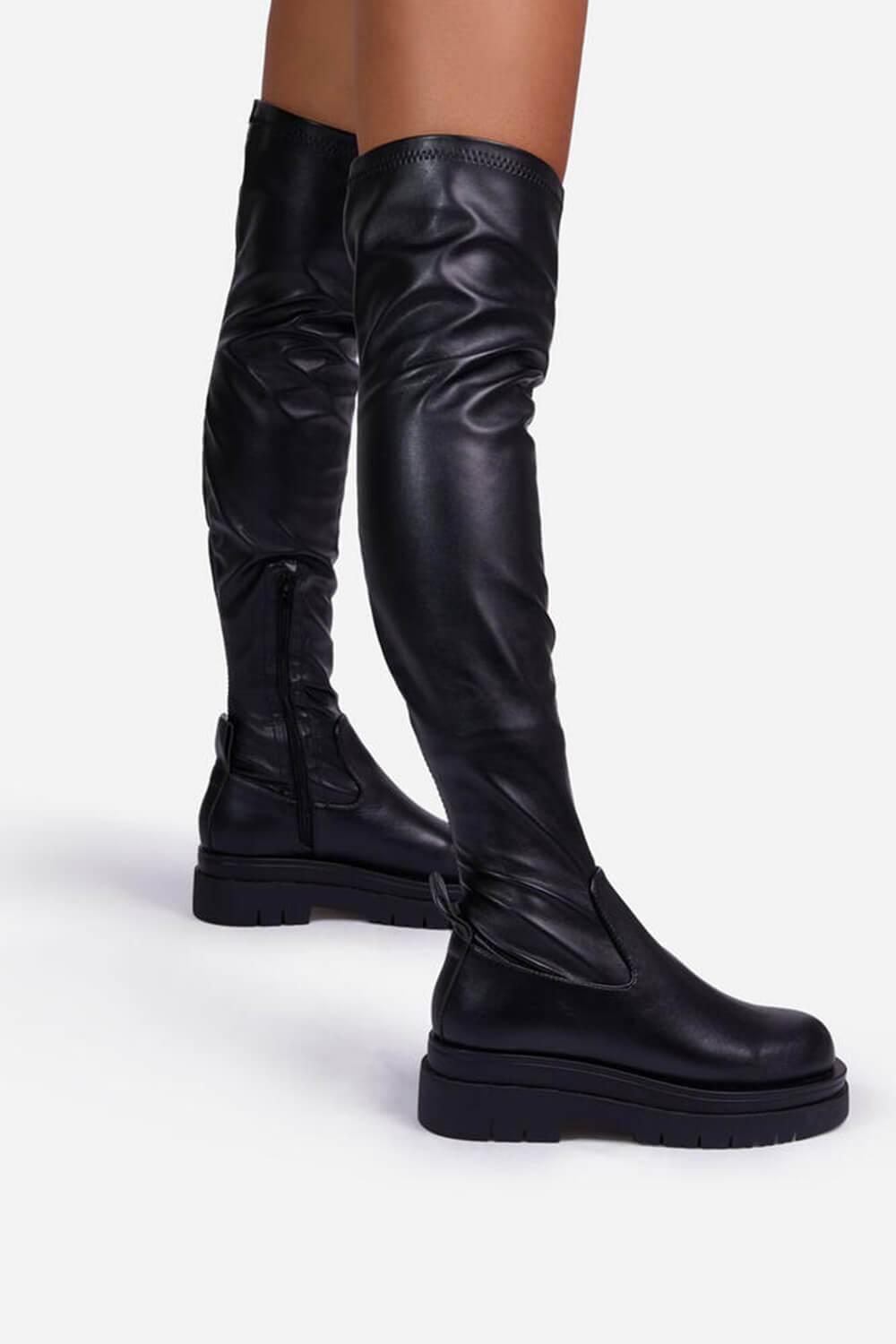 Black Faux Leather Over The Knee Thigh High Long Biker Boot - MomyMall