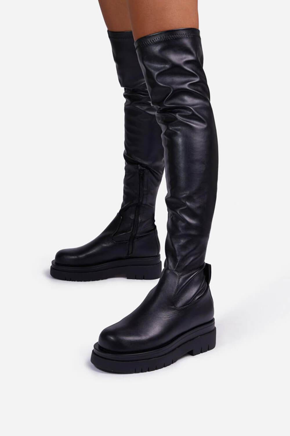 Black Faux Leather Over The Knee Thigh High Long Biker Boot - MomyMall