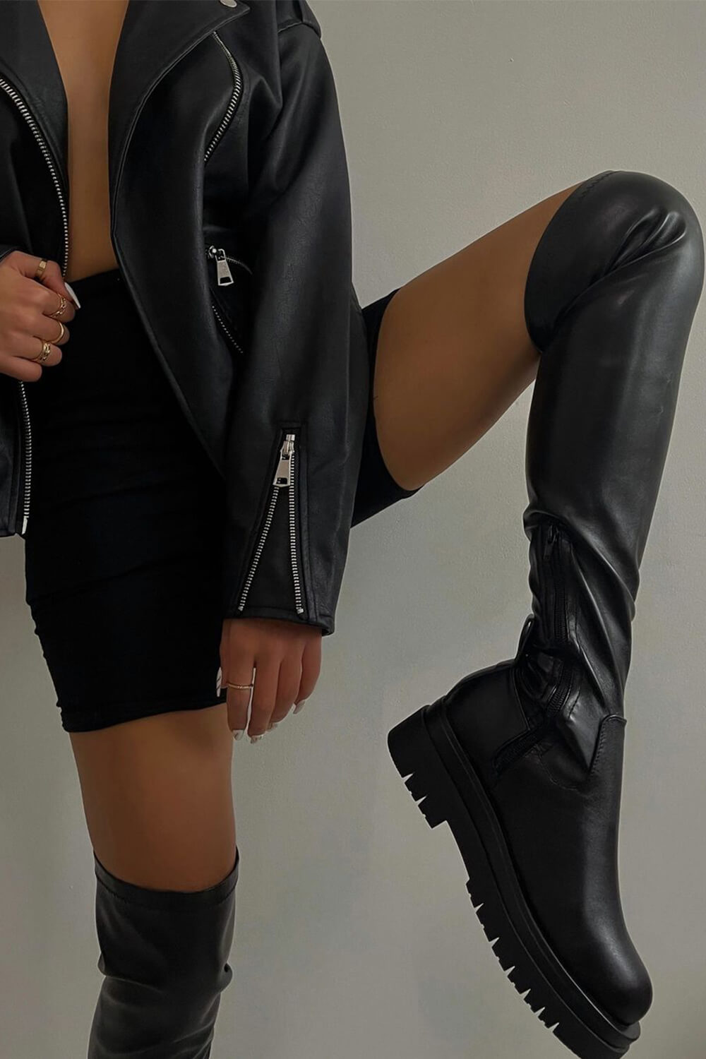 Black Faux Leather Over The Knee Thigh High Long Biker Boot - MomyMall