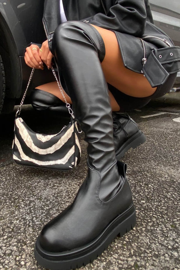 Black Faux Leather Over The Knee Thigh High Long Biker Boot - MomyMall