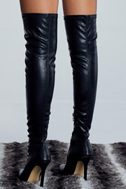 Black Faux Leather Pointed Thigh High Stiletto Boots - MomyMall