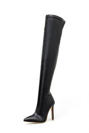 Black Faux Leather Pointed Thigh High Stiletto Boots - MomyMall