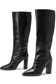 Black Wide Fit Croc Effect Knee High Pointed Block Heel Boots - MomyMall