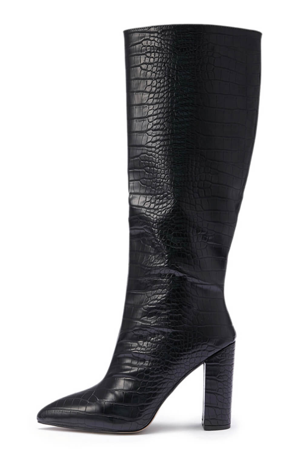 Black Wide Fit Croc Effect Knee High Pointed Block Heel Boots - MomyMall