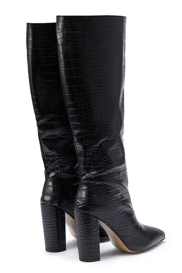 Black Wide Fit Croc Effect Knee High Pointed Block Heel Boots - MomyMall