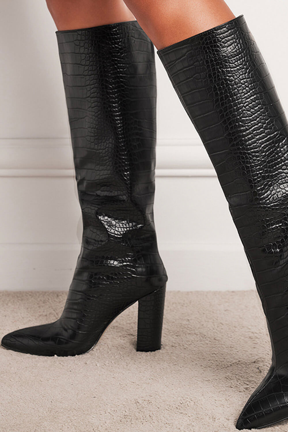 Black Wide Fit Croc Effect Knee High Pointed Block Heel Boots - MomyMall