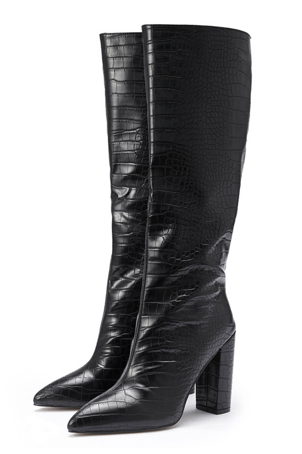 Black Wide Fit Croc Effect Knee High Pointed Block Heel Boots - MomyMall