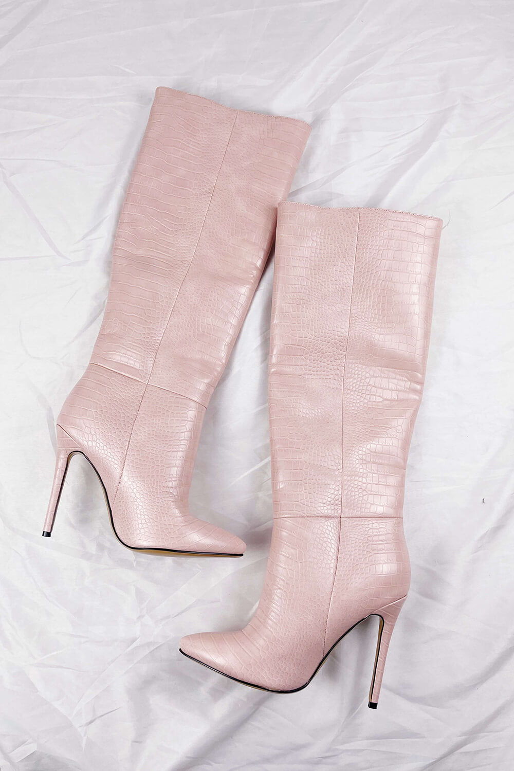 Pink Crocodile-Effect Knee High Pointed Stiletto Heel Boots