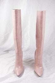 Rosafarbene kniehohe Stiefel mit spitzem Stiletto-Absatz und Kroko-Effekt