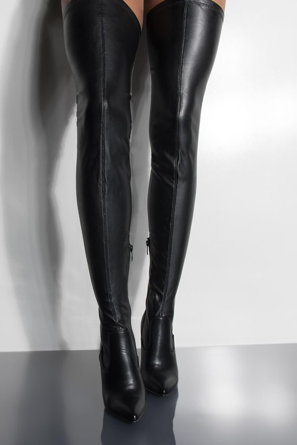 Black Faux Leather Over The Knee Thigh High Stiletto Boots - MomyMall