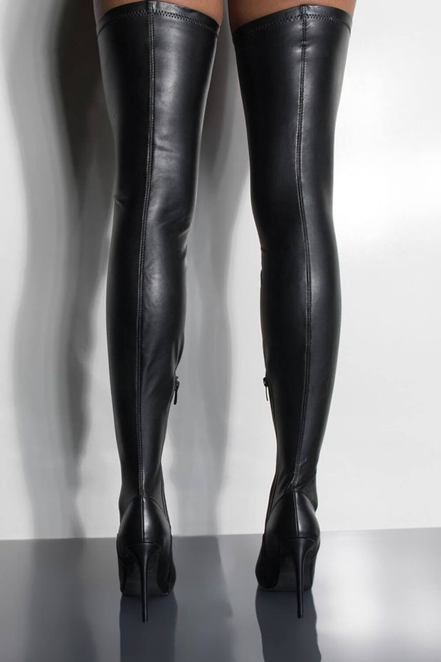Black Faux Leather Over The Knee Thigh High Stiletto Boots - MomyMall