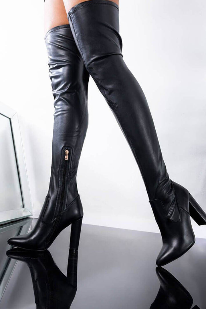 Black Faux Leather Block Heel Over The Knee Thigh High Boots - MomyMall