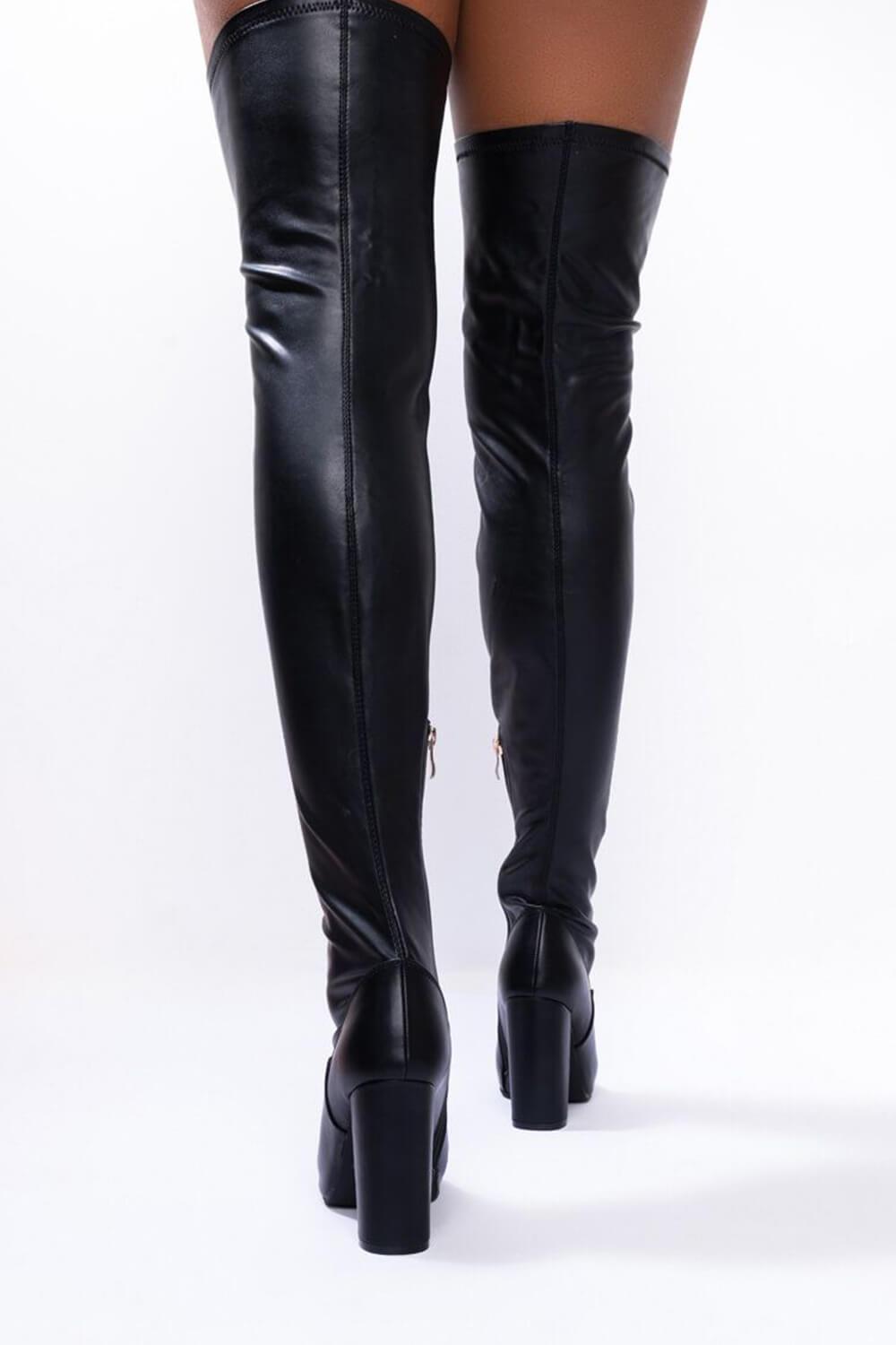 Black Faux Leather Block Heel Over The Knee Thigh High Boots - MomyMall