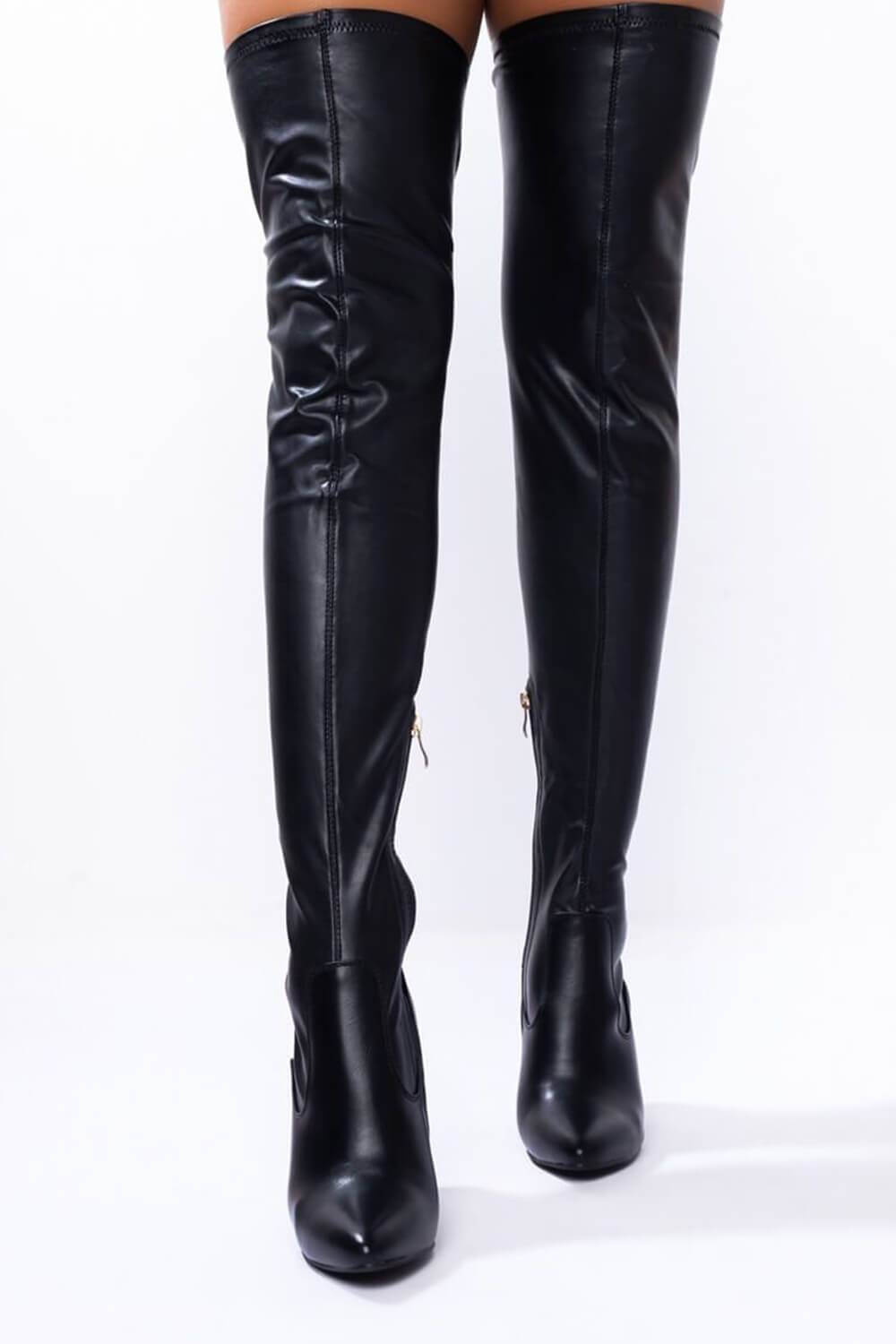 Black Faux Leather Block Heel Over The Knee Thigh High Boots - MomyMall