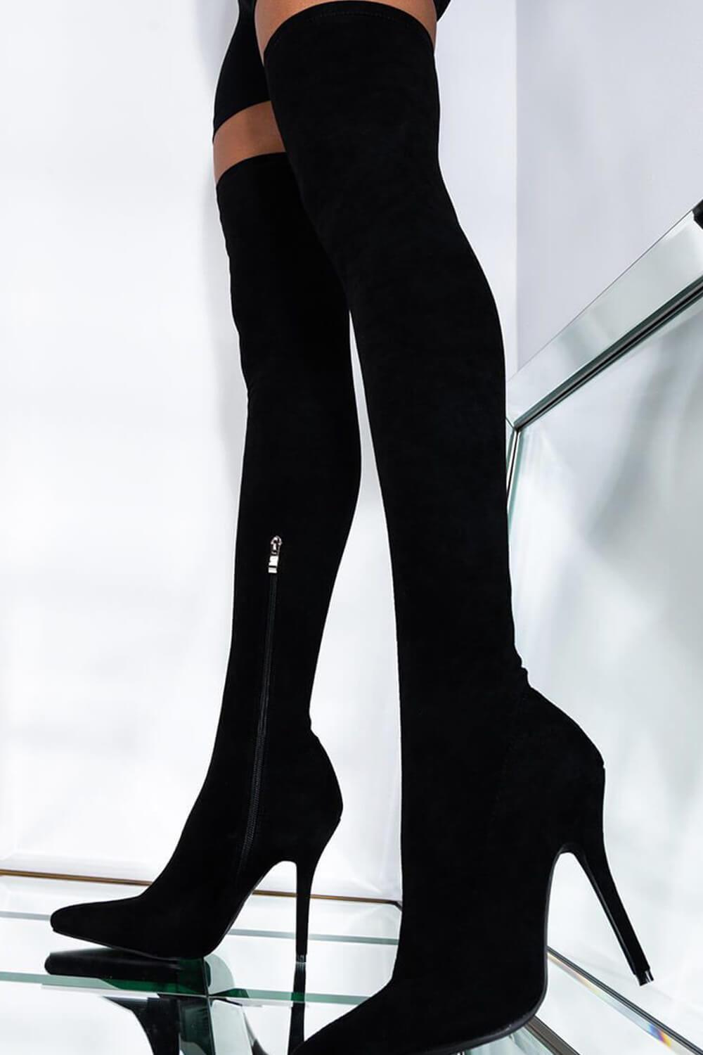 Black Faux Suede Over The Knee Thigh High Stiletto Boots - MomyMall