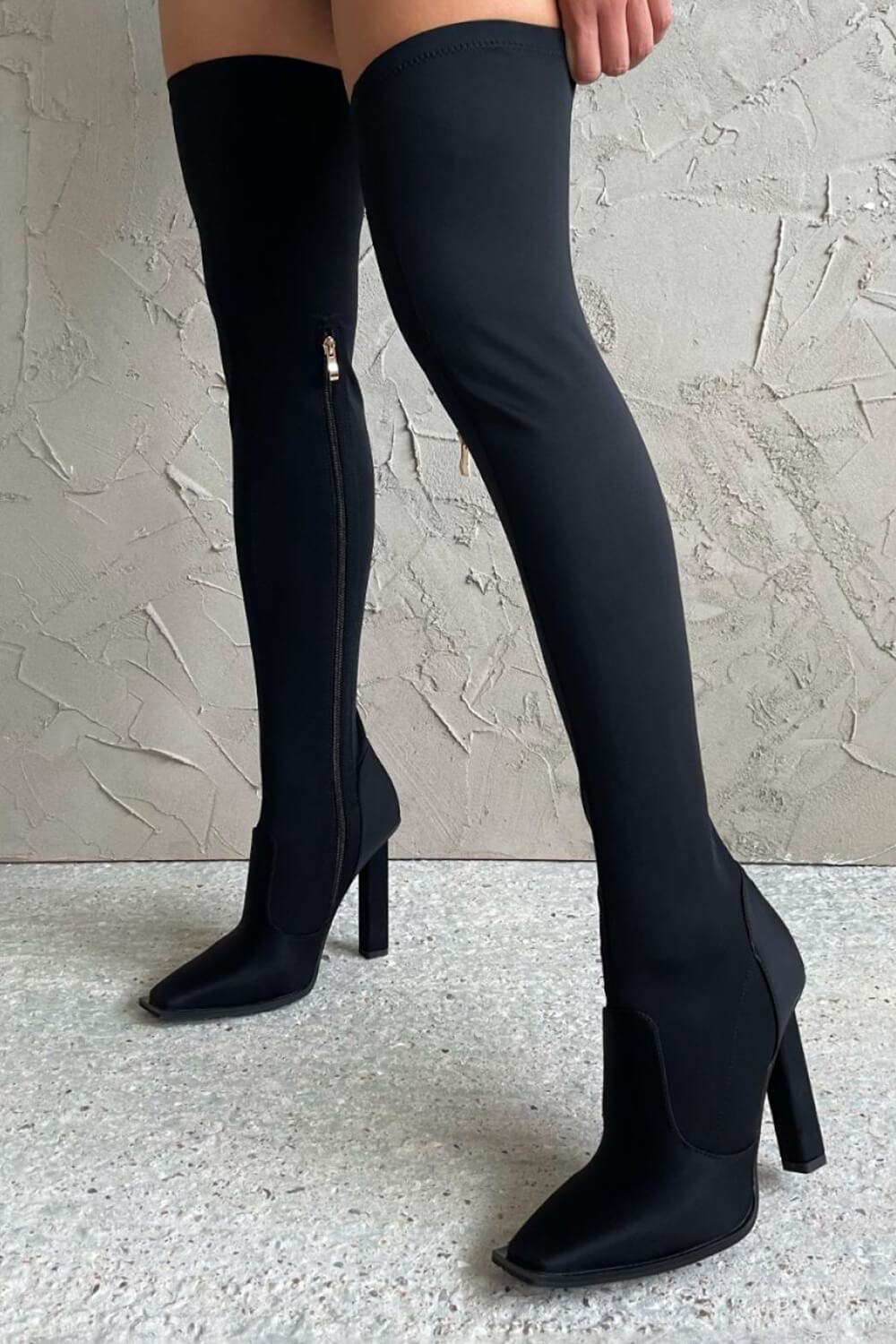 Black Lycra Block Heel Thigh High Boots - MomyMall