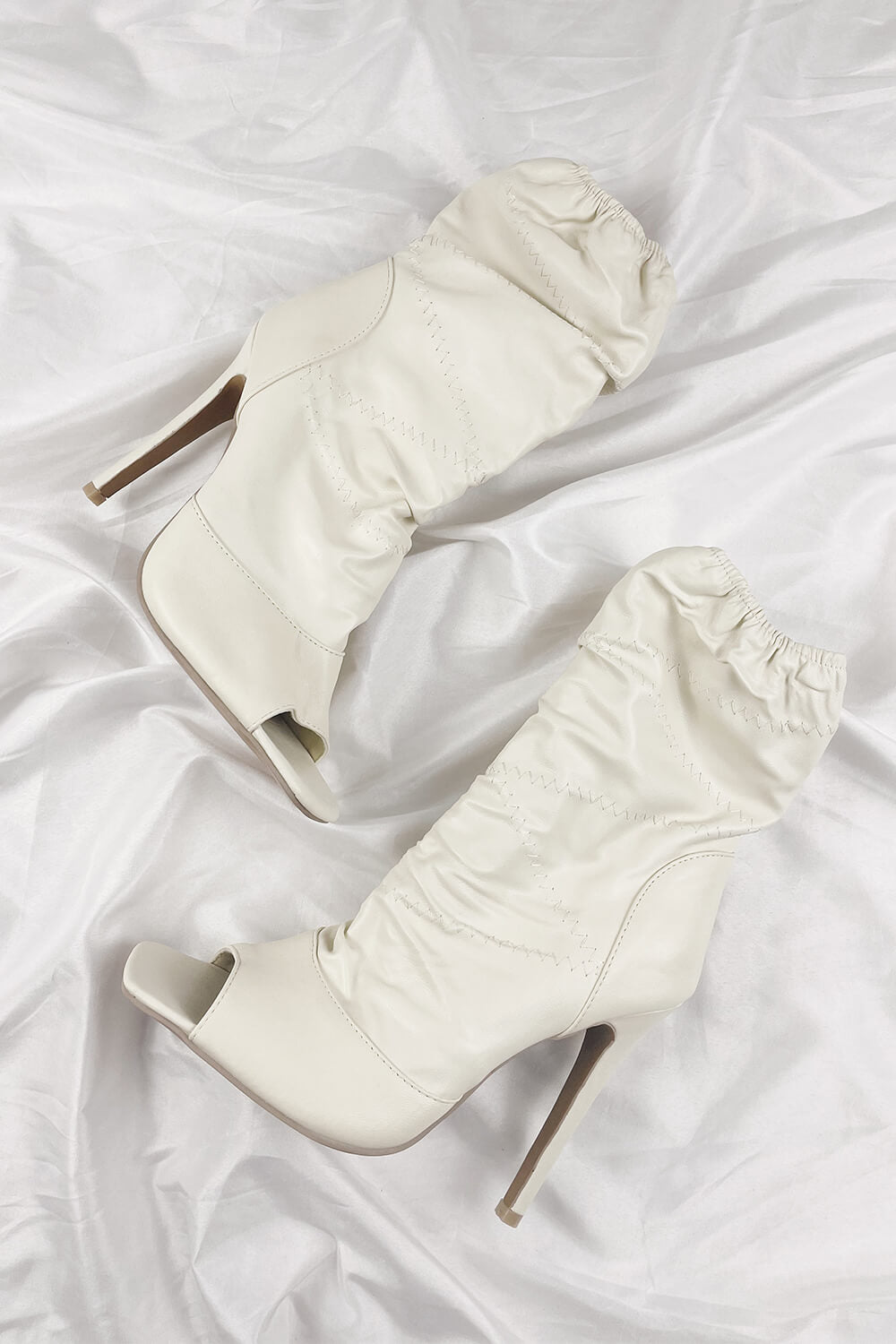 Cream Ruched Peep Toe Stiletto Ankle Boots