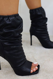 Black Ruched Peep Toe Stiletto Ankle Boots - MomyMall