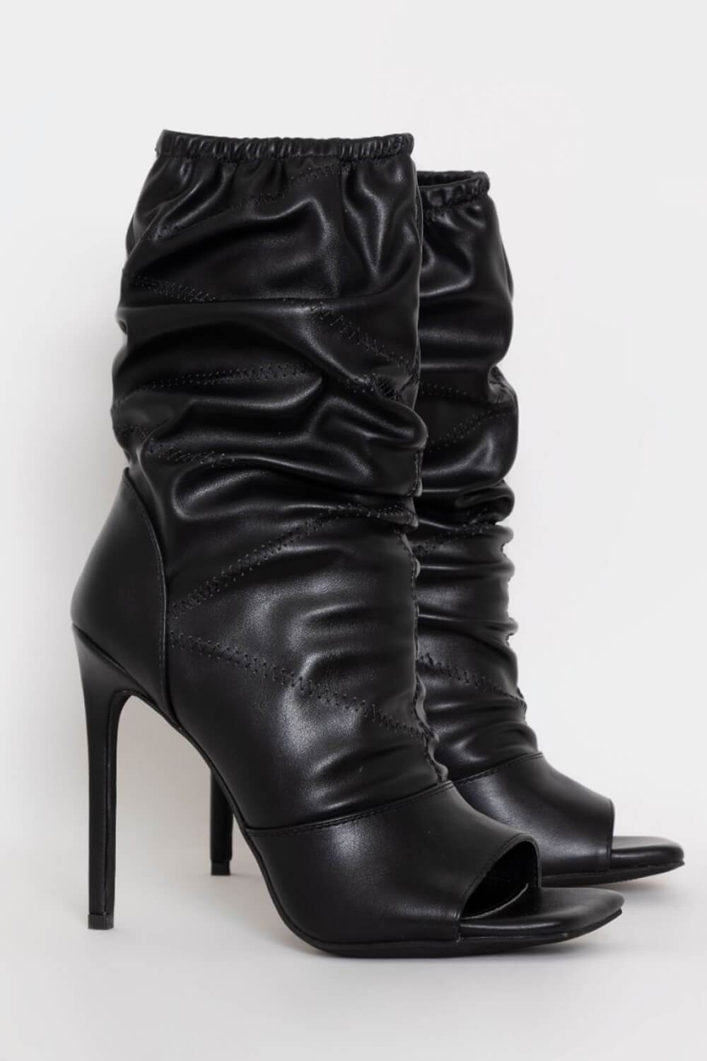 Black Ruched Peep Toe Stiletto Ankle Boots - MomyMall