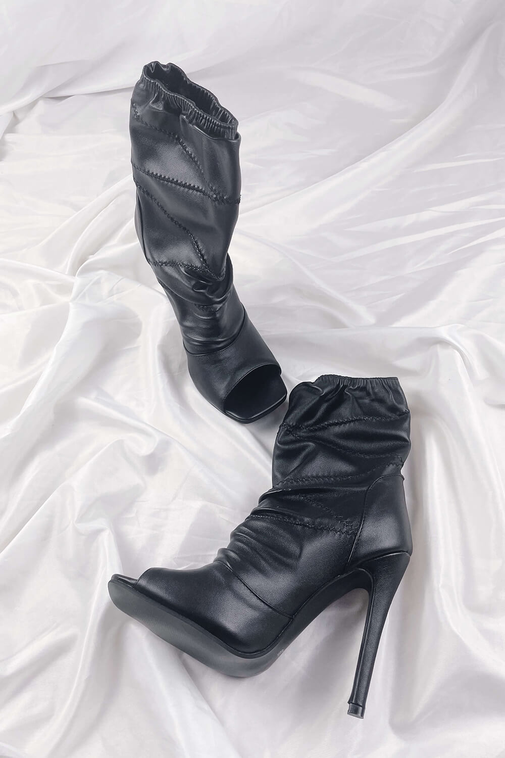 Black Ruched Peep Toe Stiletto Ankle Boots - MomyMall