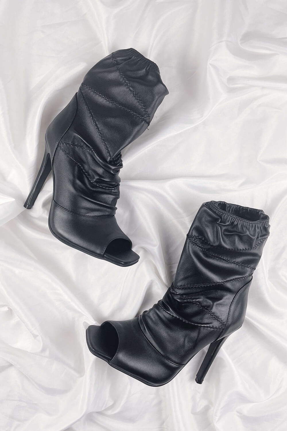 Black Ruched Peep Toe Stiletto Ankle Boots - MomyMall