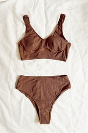 Chocolate Ribbed High-Waist Bikini Bottoms