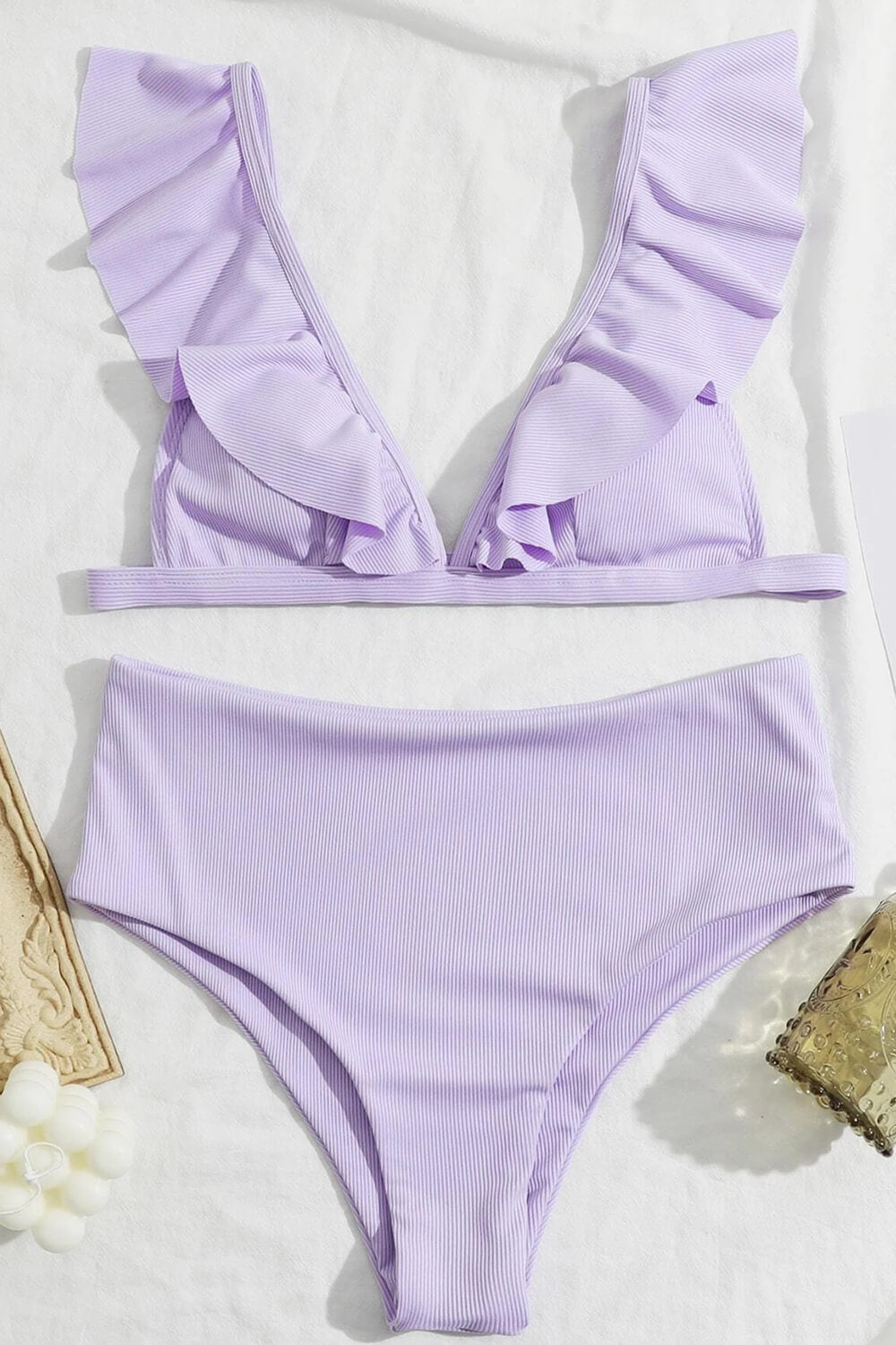 Bas de bikini taille haute côtelé lilas