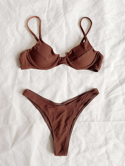 Chocolate Ribbed V Cut Bikini Bottoms