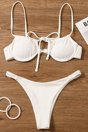 White Ribbed Tie Front Underwire Bikini Top - MomyMall