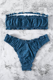 Dark Blue Eyelet Embroidered Ruched High-Waist Bikini Bottoms - MomyMall