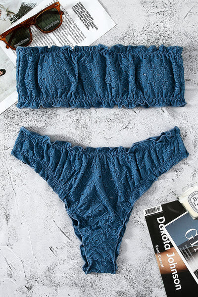 Dark Blue Eyelet Embroidered Ruched High-Waist Bikini Bottoms - MomyMall