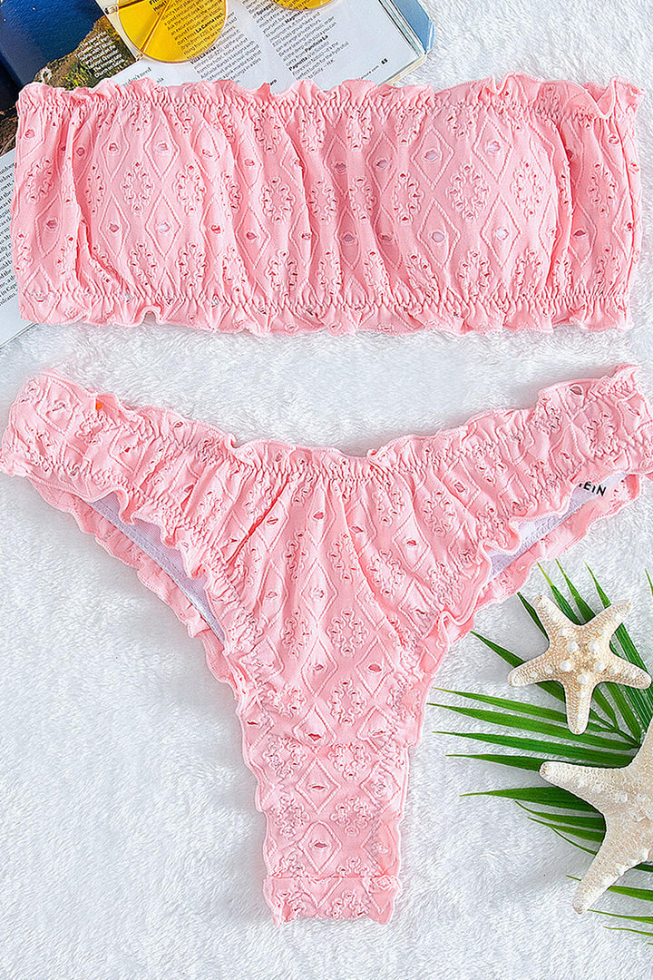 Pink Eyelet Embroidered Ruched Bandeau Bikini Top - MomyMall