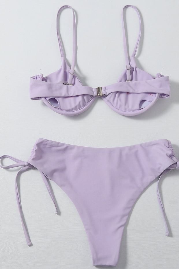 Bas de bikini taille haute lilas froncé sur les côtés