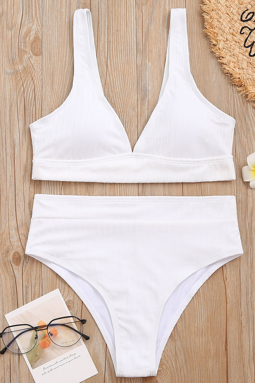 Bas de bikini taille haute côtelé blanc