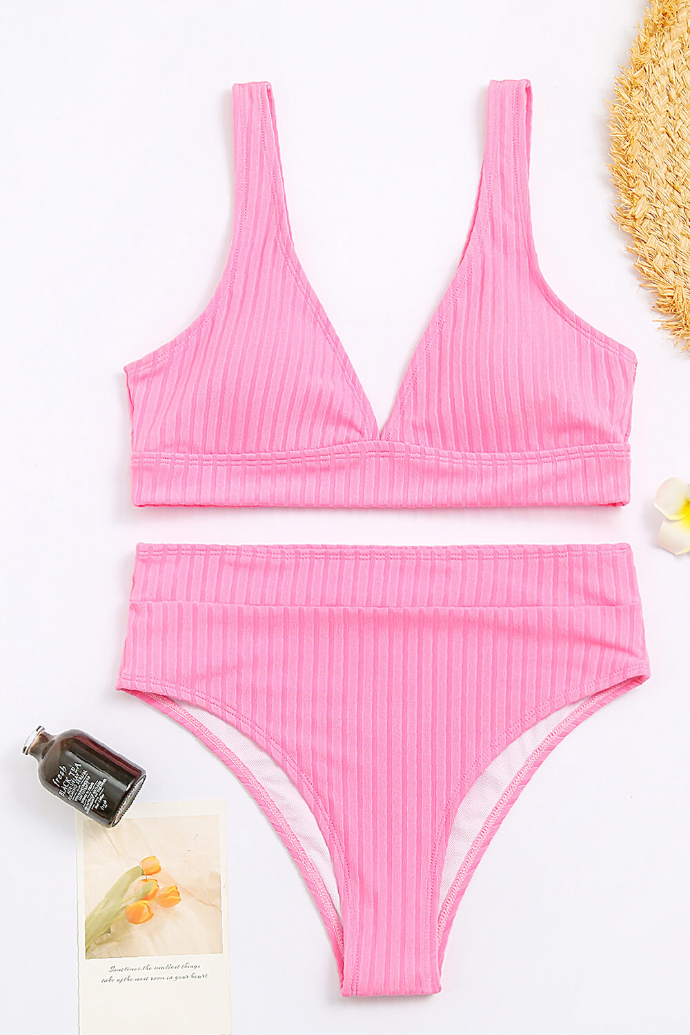 Pink Ribbed Plunge Crop Bikini Top