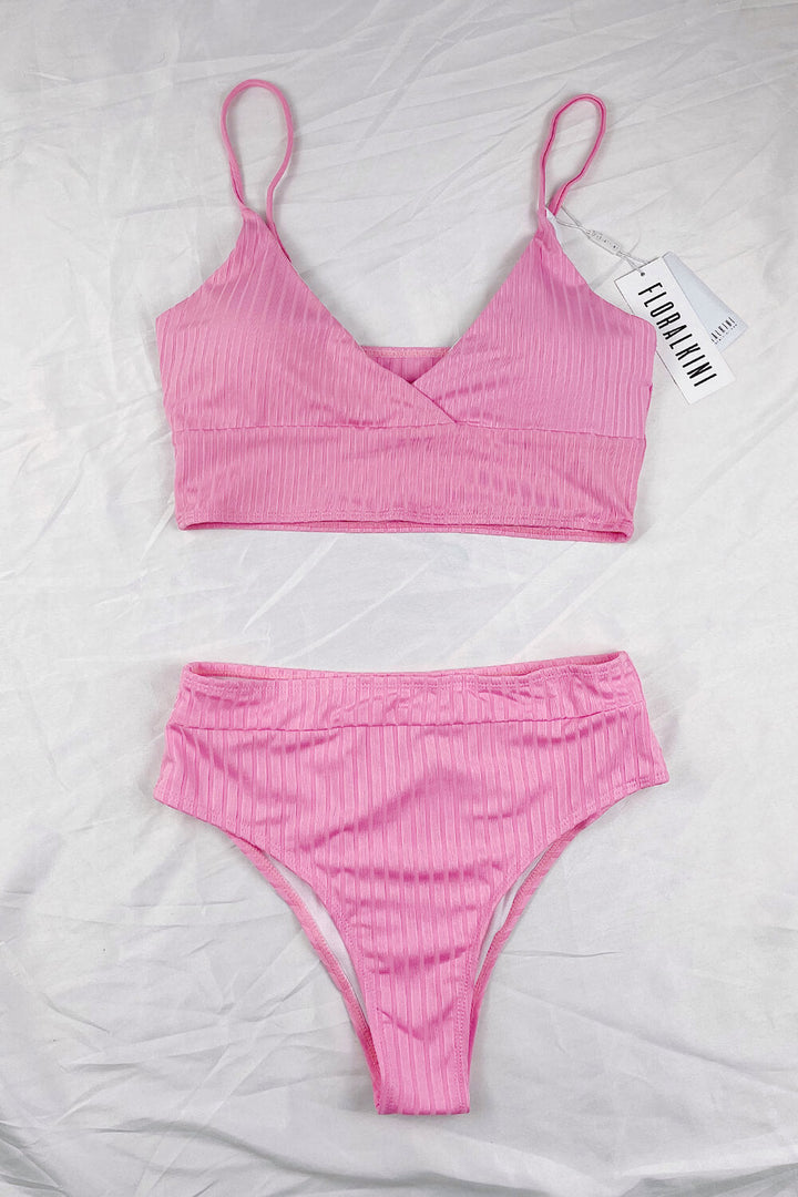Pink Ribbed High-Waist Bikini Bottoms - MomyMall
