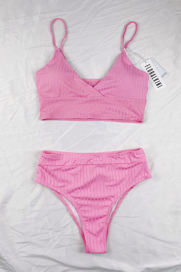 Pink Ribbed High-Waist Bikini Bottoms - MomyMall